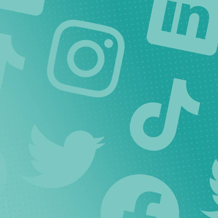 Collection of social media icons including Instagram, LinkedIn, TikTok, Twitter, and Facebook on a light blue dotted background.