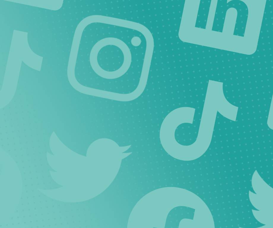 Collection of social media icons including Instagram, LinkedIn, TikTok, Twitter, and Facebook on a light blue dotted background.