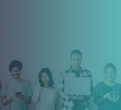 A diverse group of four young adults stands together, some using devices and smiling, set against a plain background with a teal overlay.