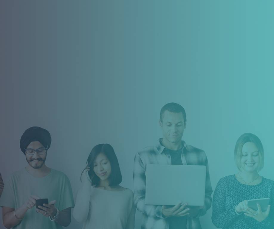 A diverse group of four young adults stands together, some using devices and smiling, set against a plain background with a teal overlay.