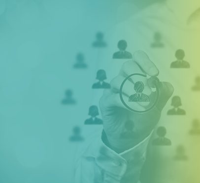 A hand drawing a person icon inside a circle, with background of blurred human profile icons connected by lines, symbolising networking or recruitment.