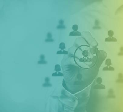 A hand drawing a person icon inside a circle, with background of blurred human profile icons connected by lines, symbolising networking or recruitment.