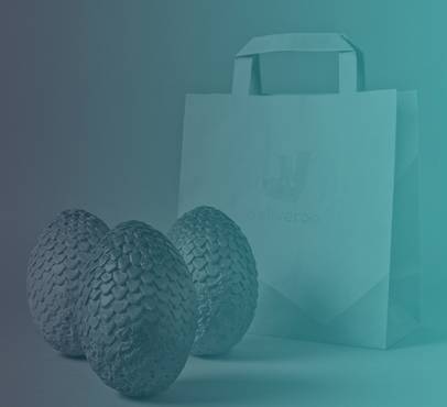 Three textured silver eggs and a white delivery bag with a handle, set against a plain background.