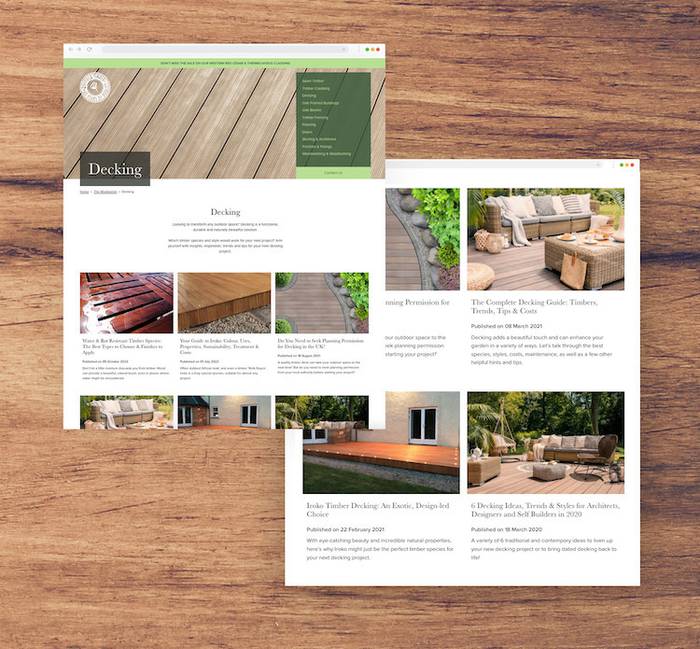Two browser windows showing a decking website, with a Decking heading and a grid of articles illustrated by garden deck photos, on a wooden surface