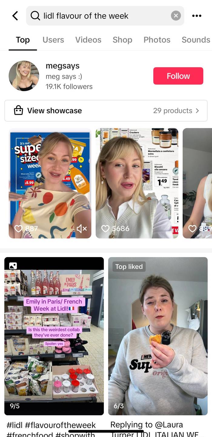 A screenshot of TikTok search results for the query ‘lidl flavour of the week’.