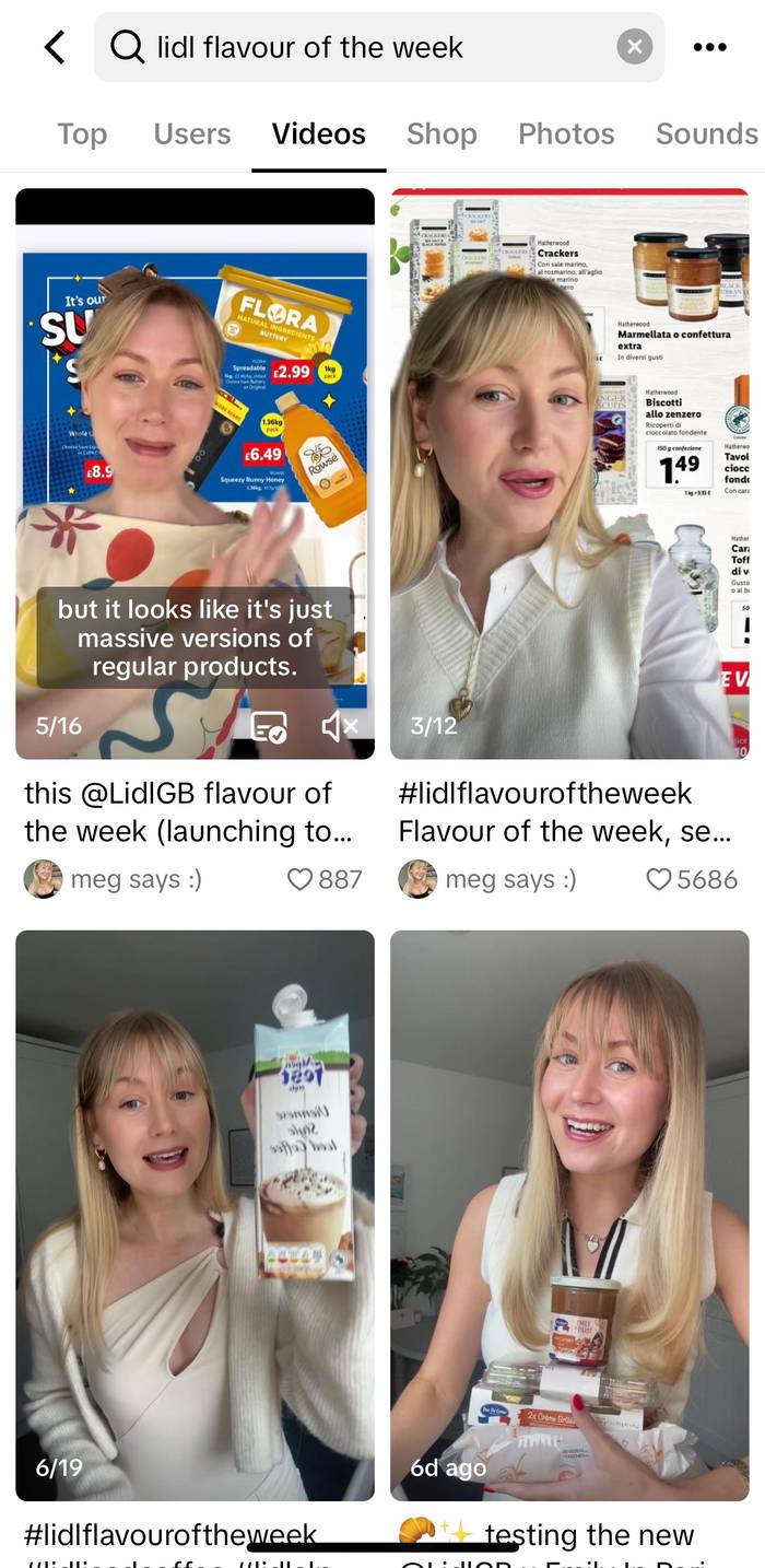 A screenshot of TikTok search results for the query ‘lidl flavour of the week’.