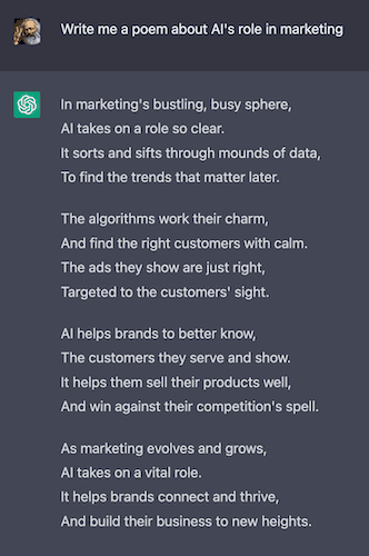 A screenshot showing ChatGPT’s response to being asked to write a poem about AI’s impact on marketing.
