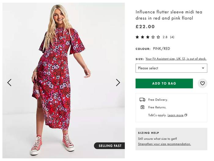 A screenshot of ASOS' website showing their use of a fit assistant, a result of first-party data collection.