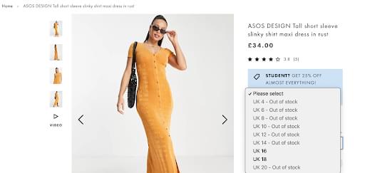 A screenshot of an asos dress out of stock