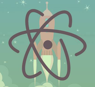 A rocket launches through clouds with an atomic structure overlayed, set against a starry sky background.