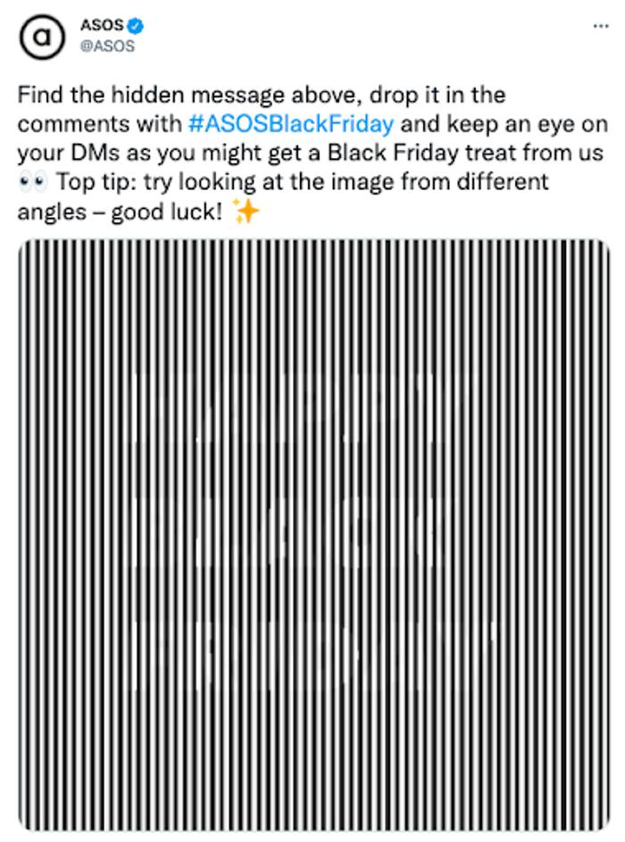 Screenshot of an ASOS tweet showing a dense black and white striped pattern with a hidden message, inviting viewers to look from different angles