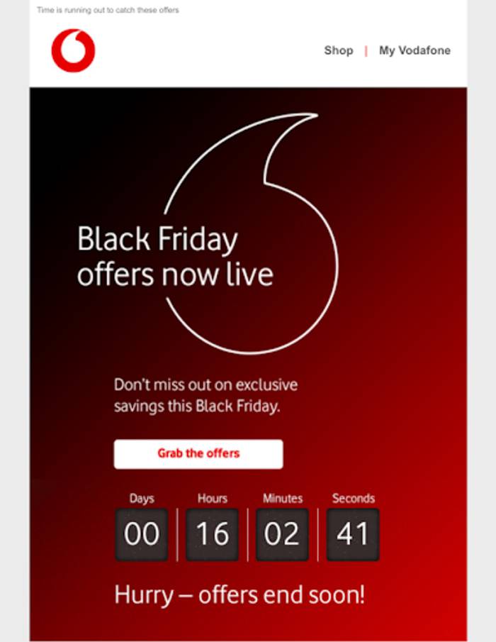 Vodafone Black Friday email banner on a red gradient, reading "Black Friday offers now live", with a countdown of 16 hours 2 minutes and a white "Grab the offers" button.
