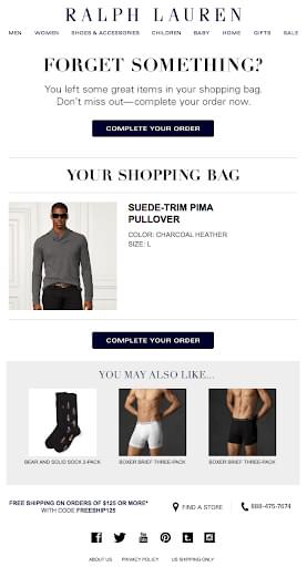 A screenshot of Ralph Lauren's abandoned cart email, which mentions which products a shopper has left behind.