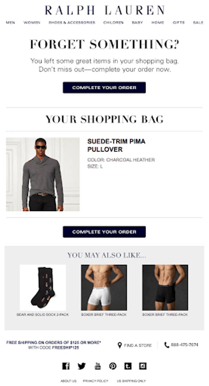 Ralph Lauren email reminder showing a charcoal heather suede-trim pima pullover, plus socks and boxer briefs you may also like.