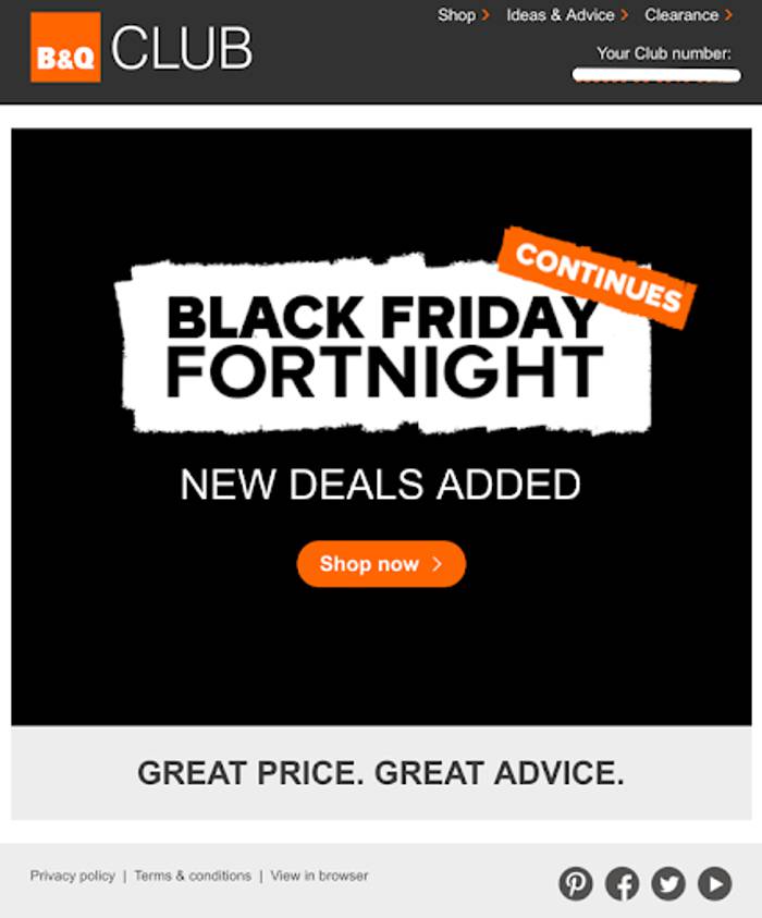 B&Q Club email banner: "Black Friday Fortnight Continues. New deals added. Shop now." on black, with "Great price. Great advice." below.