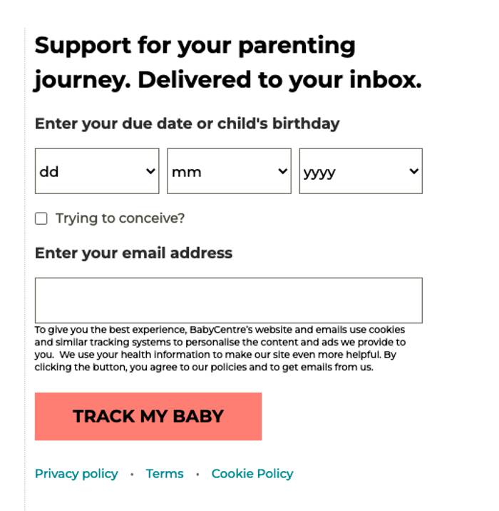 Screenshot of first-party data collection over email by Babycentre.