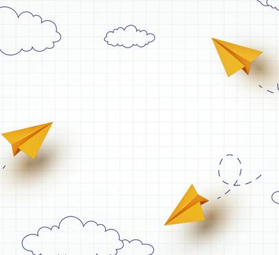Three yellow paper airplanes flying across hand-drawn clouds and dashed flight paths on a graph paper background.