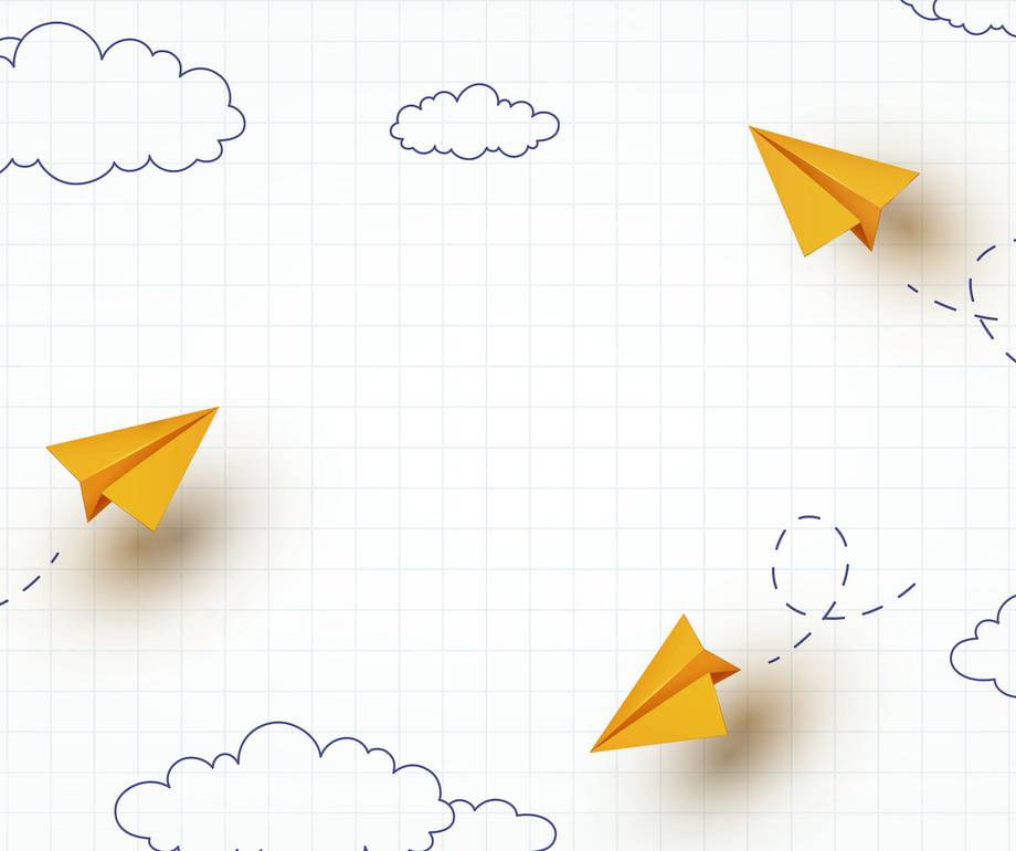 Three yellow paper airplanes flying across hand-drawn clouds and dashed flight paths on a graph paper background.