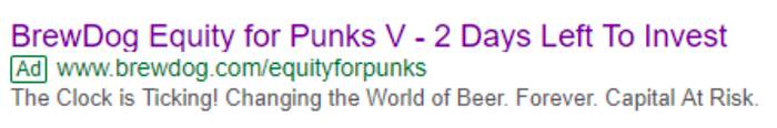 Screenshot of brewdog advert on google search saying 2 days left to invest