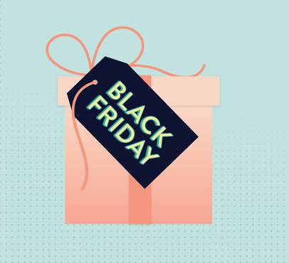 Illustration of a peach gift box with a coral ribbon bow and a navy tag reading "BLACK FRIDAY" in teal letters, on a pale mint background with dot pattern.