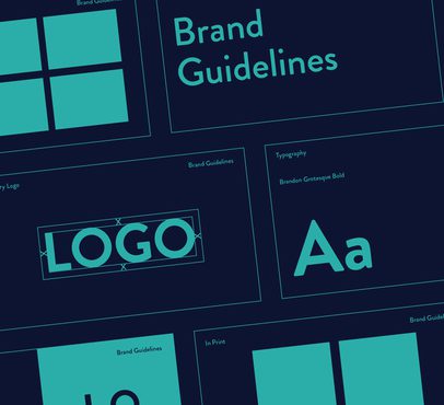 A digital graphic design of brand guidelines, including sections for logo, typography, and layout, with a dark background and teal elements.