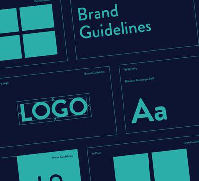 A digital graphic design of brand guidelines, including sections for logo, typography, and layout, with a dark background and teal elements.