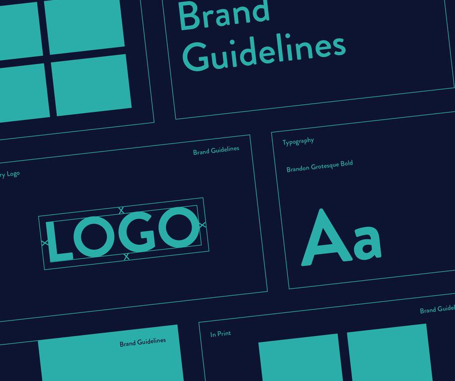 A digital graphic design of brand guidelines, including sections for logo, typography, and layout, with a dark background and teal elements.