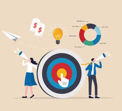 Two people with megaphones, a target with a finger clicking the centre, a lightbulb, a pie chart, and idea tags, representing teamwork, ideas, and goal setting.