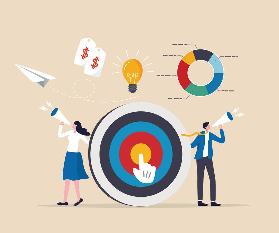 Two people with megaphones, a target with a finger clicking the centre, a lightbulb, a pie chart, and idea tags, representing teamwork, ideas, and goal setting.