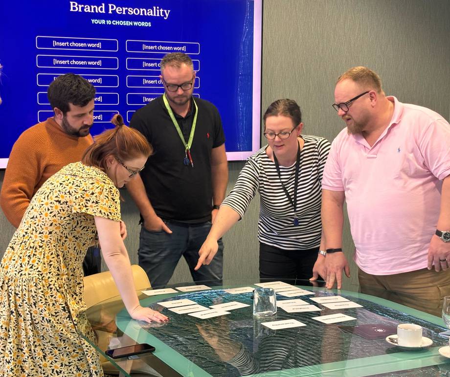 Participants in a brand strategy workshop discussing and selecting attributes, with a "Brand Personality" screen in the background.