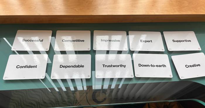 A selection of brand personality traits chosen during the workshop, including "Successful," "Confident," and "Creative," displayed on cards.