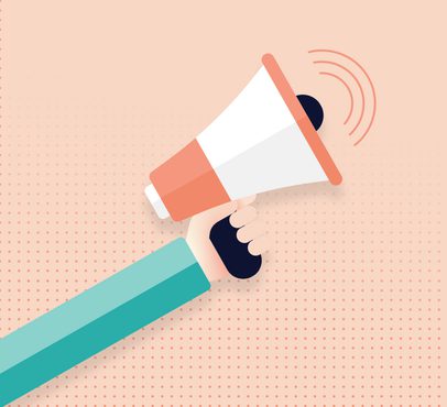 A hand holding a megaphone against a light pink background with dotted pattern, emitting sound waves, depicted in a flat, minimalist style.
