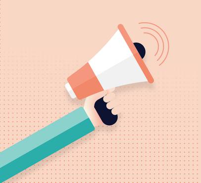 A hand holding a megaphone against a light pink background with dotted pattern, emitting sound waves, depicted in a flat, minimalist style.