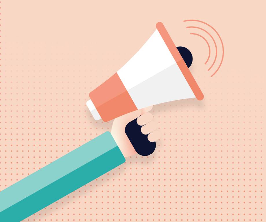 A hand holding a megaphone against a light pink background with dotted pattern, emitting sound waves, depicted in a flat, minimalist style.
