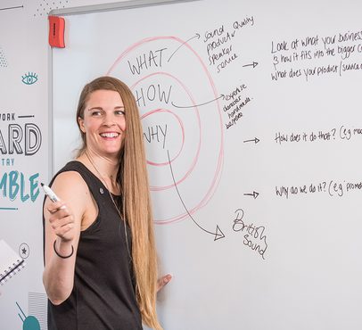 Smiling woman in black top holding a marker, standing in front of a whiteboard with colourful circles and handwritten notes about marketing strategy.