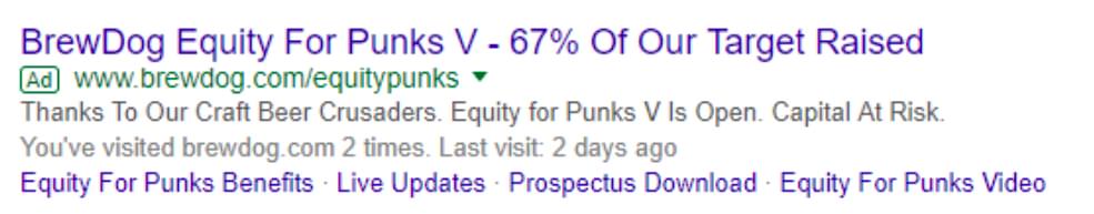 Screenshot of brewdog advert on google search saying 67% of target reached