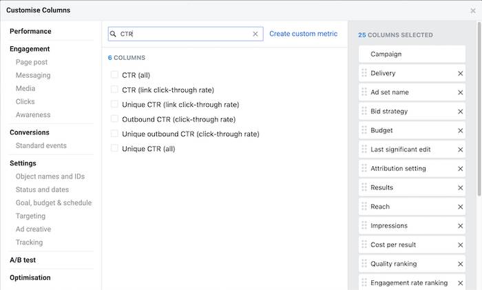 Click-through rate options in Meta Ad Manager.
