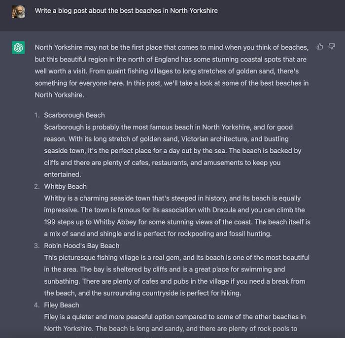 A screenshot showing ChatGPT’s response after being asked to write a blog post about the best beaches in North Yorkshire.