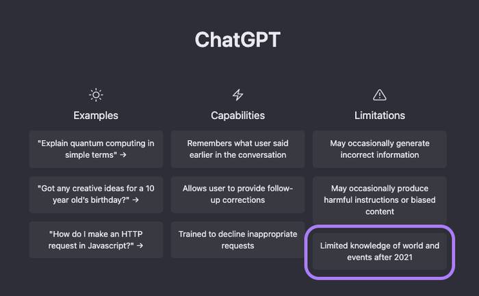 A screenshot of the ChatGPT interface highlighting its limited knowledge of post-2021 events.