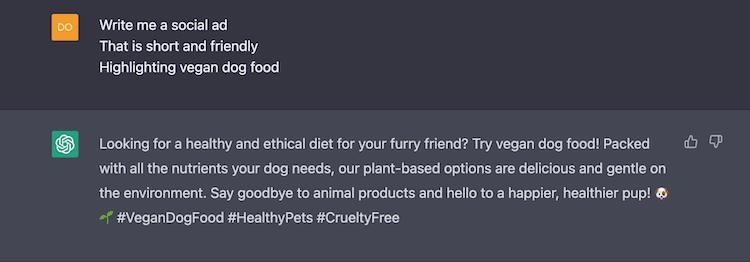 A screenshot of ChatGPT’s response after being asked to provide short, friendly copy for a vegan dog food ad.