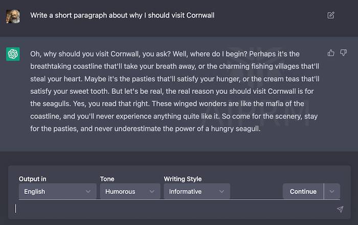 ChatGPT being asked to write a short passage about why to visit Cornwall in a humorous, informative style.