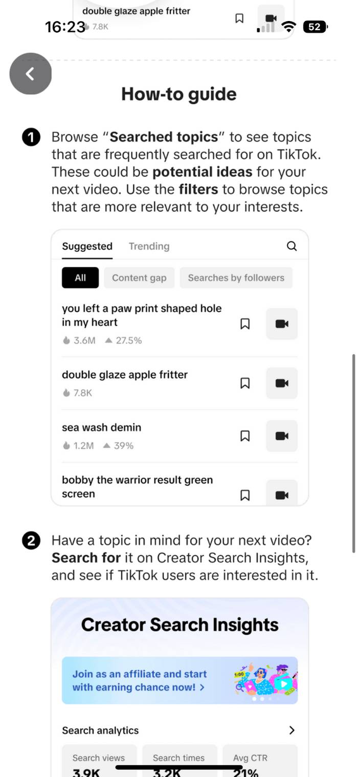 Phone screenshot of a TikTok how-to guide with steps for browsing Searched topics and checking interest in Creator Search Insights.