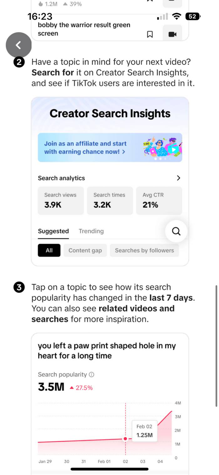 Phone screenshot of TikTok Creator Search Insights showing search analytics and a 7-day popularity chart for a topic with 3.5M searches.
