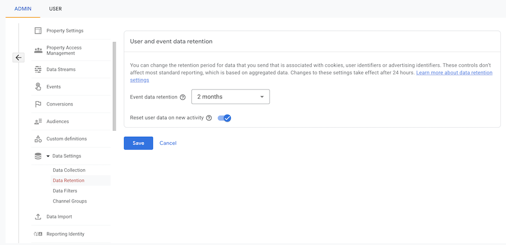 Configurating data retention in Google Analytics 4.