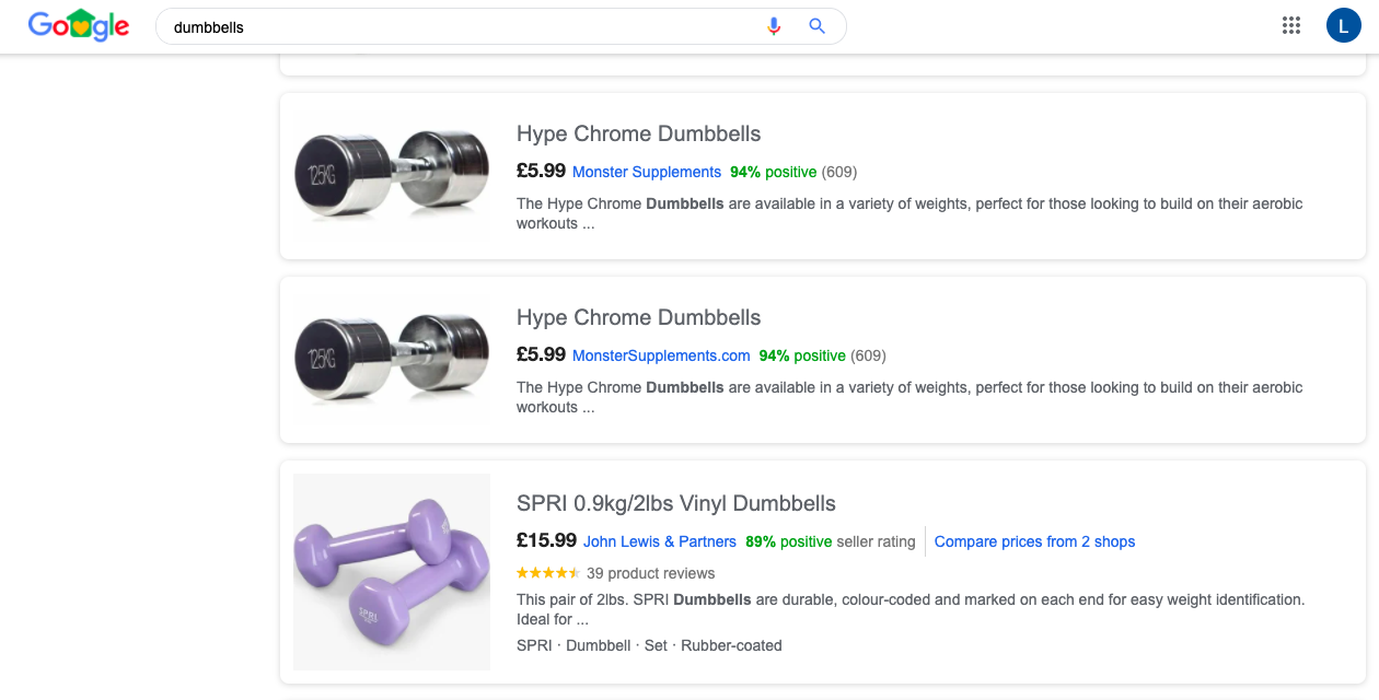 Google shopping results page for 'dumbbell'.