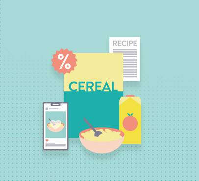 Flat illustration of a cereal box, a bowl with spoon, orange juice carton, recipe card, phone showing a food post, and a percent badge.
