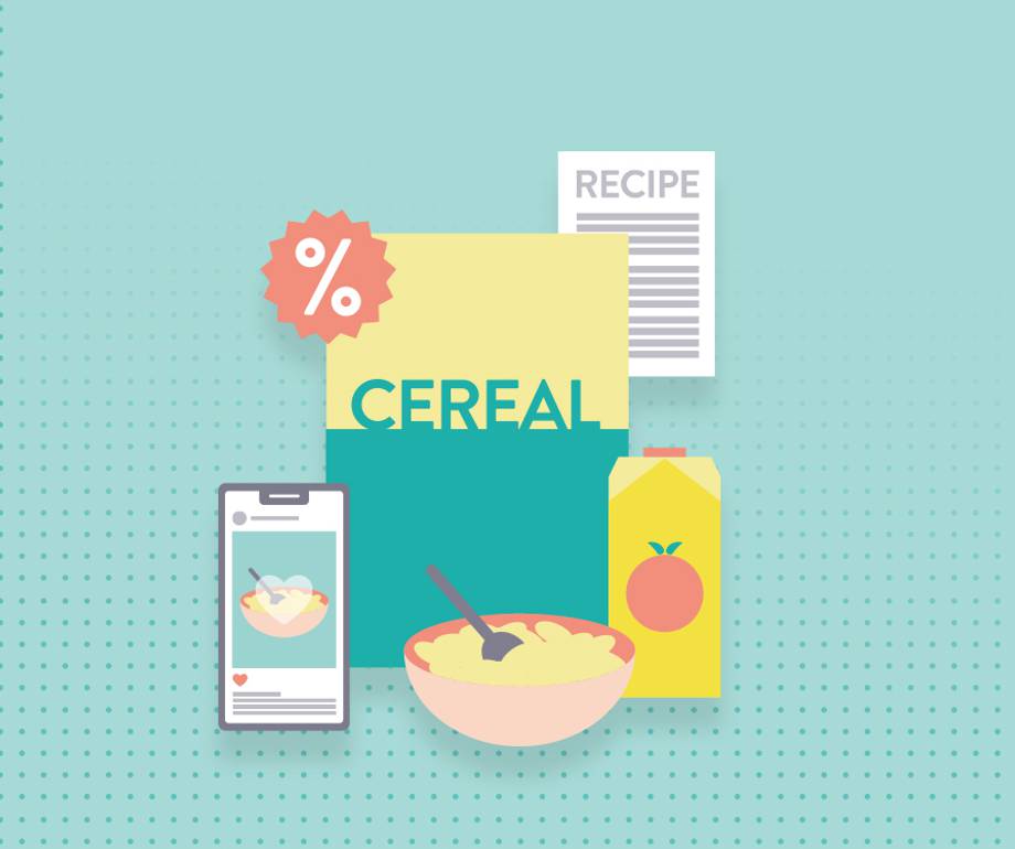 A bowl of cereal and a cereal box with a smartphone and juice carton on a dotted teal background.
