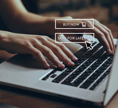 Person using a laptop with on-screen options to 'Buy Now' and 'Save for Later', depicted with cursor icons, suggesting online shopping or digital decision-making.