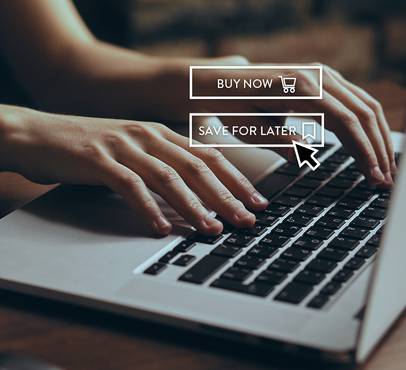 Person using a laptop with on-screen options to 'Buy Now' and 'Save for Later', depicted with cursor icons, suggesting online shopping or digital decision-making.