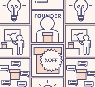 A collage of business and marketing icons, including a person presenting data, speech bubbles, light bulbs, and a motivational "50% OFF" sign.